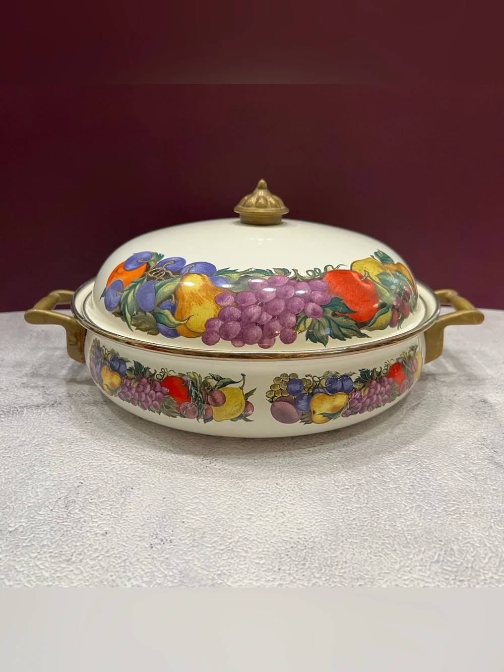 Vintage Cornucopia Enamelware Dutch Oven Colorful Fruit Motif Brass Handles